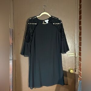 Elegant Carmen Black Dress with Lace Bell Sleeve Detail